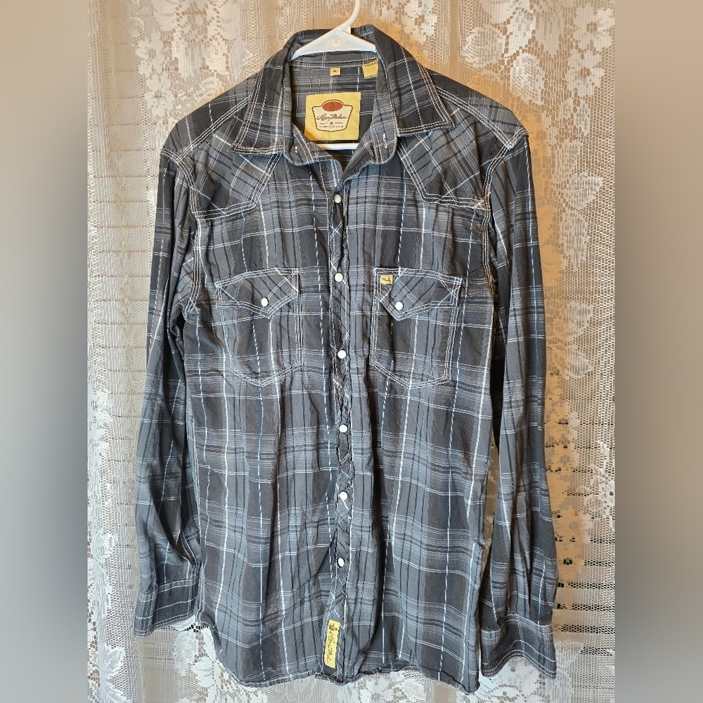 Larry Mahan Charcoal Plaid Button Down Mens Longsleeve Shirt, Pearl Snap